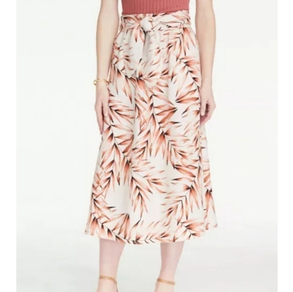 Ann Taylor Tie-Waist Linen Blend Midi Skirt Palm Leaf Print size L Maroon Ivory